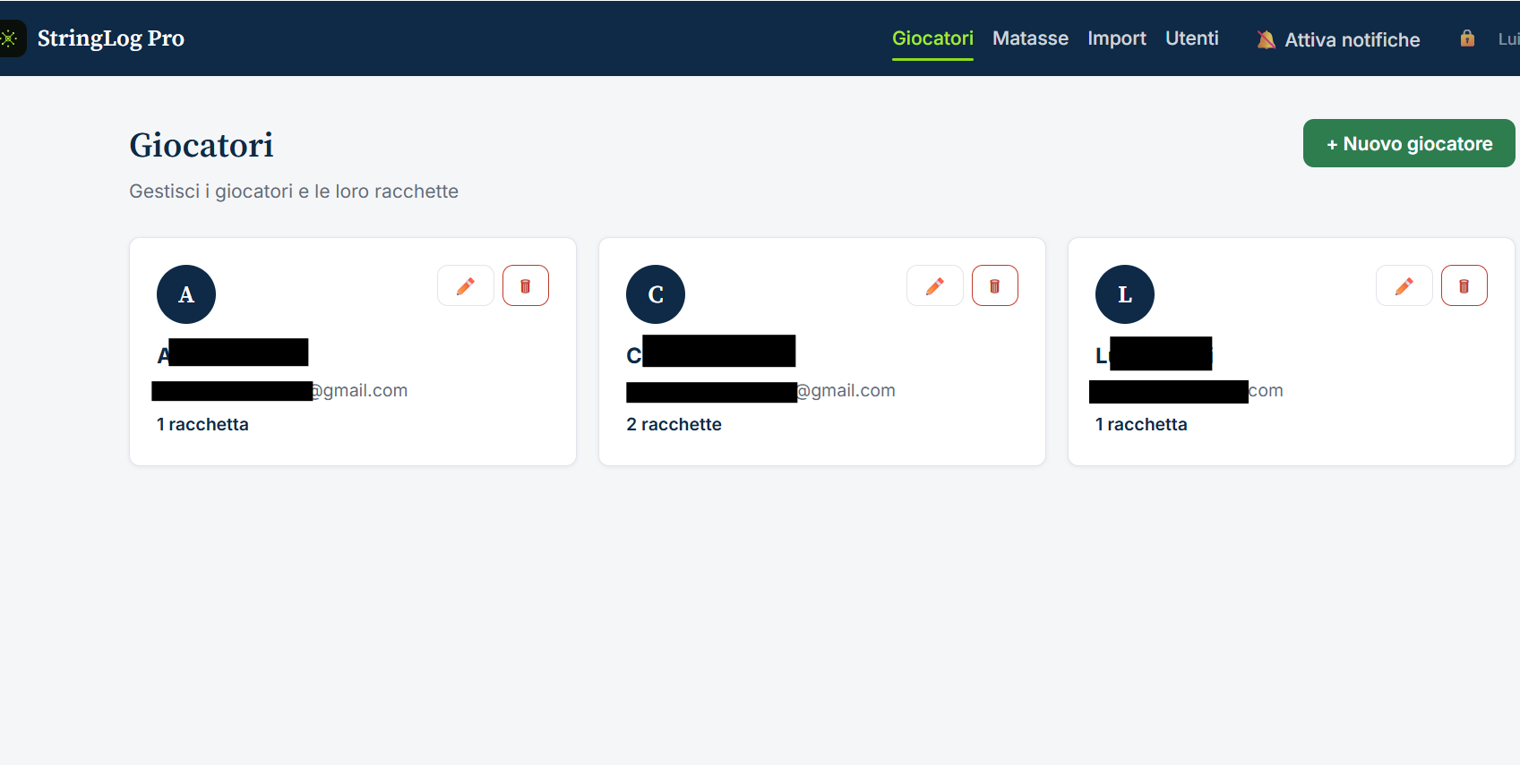 Elenco giocatori in StringLog Pro