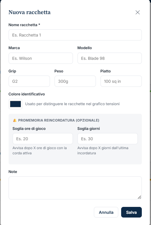 Form nuova racchetta